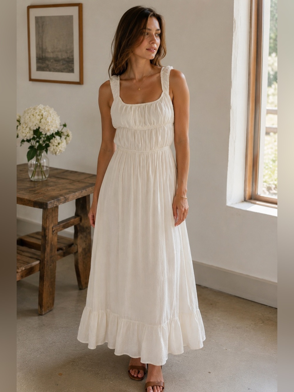 SABO Cream Sleeveless Maxi Dress with Ruffled Hem and Smocked Waist